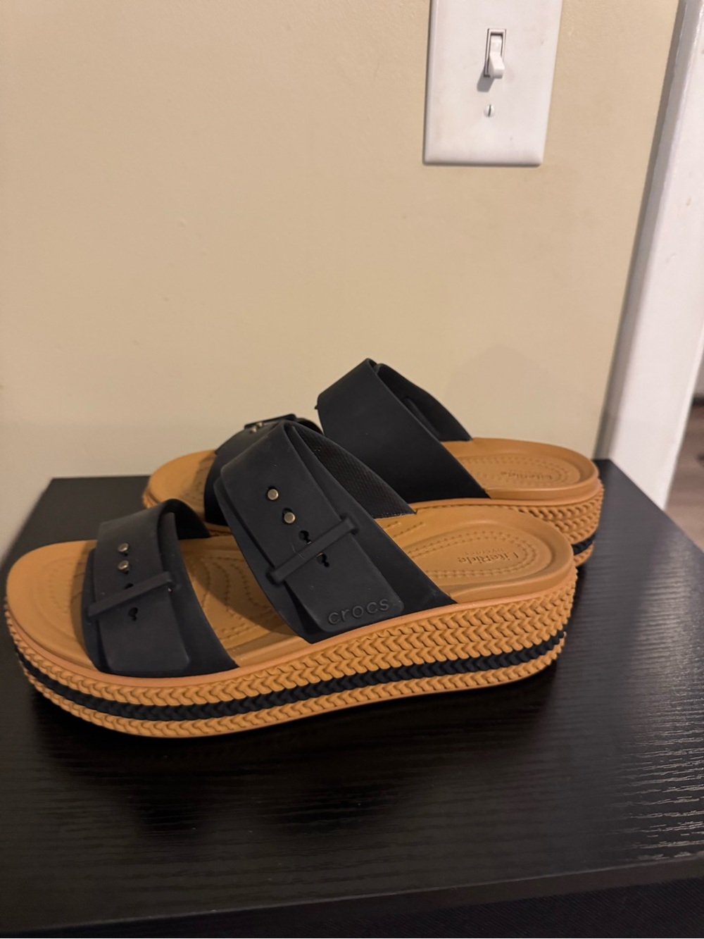 CROCS Women’s Black Strap Platform Sandals with Tan Footbed